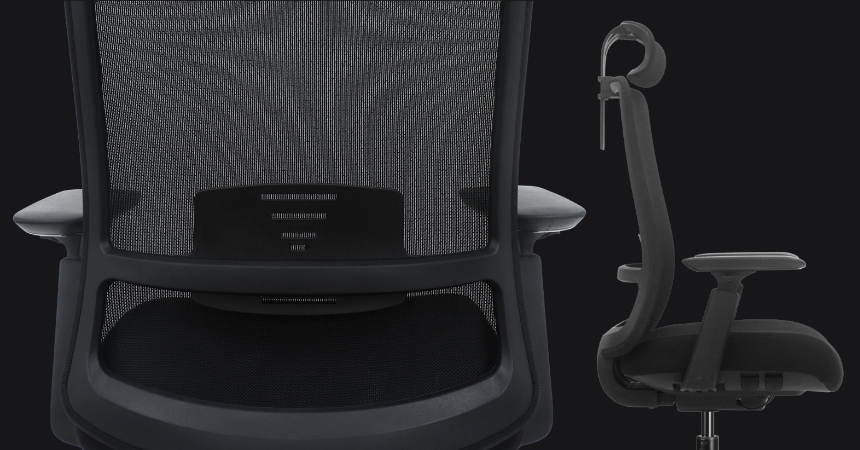 Fotel Ergonomiczny Biurowy ERGONAUT ODYSSEY Czarny – zbliżenie na tył oparcia z panelem lędźwiowym.